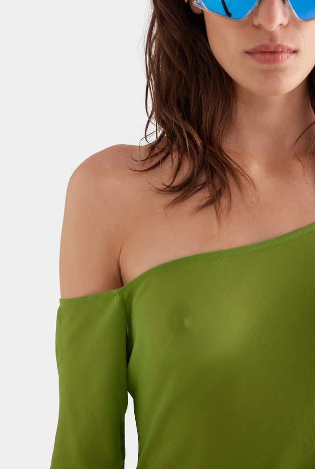 One Shoulder Silk Mini Dress - Leaf Green