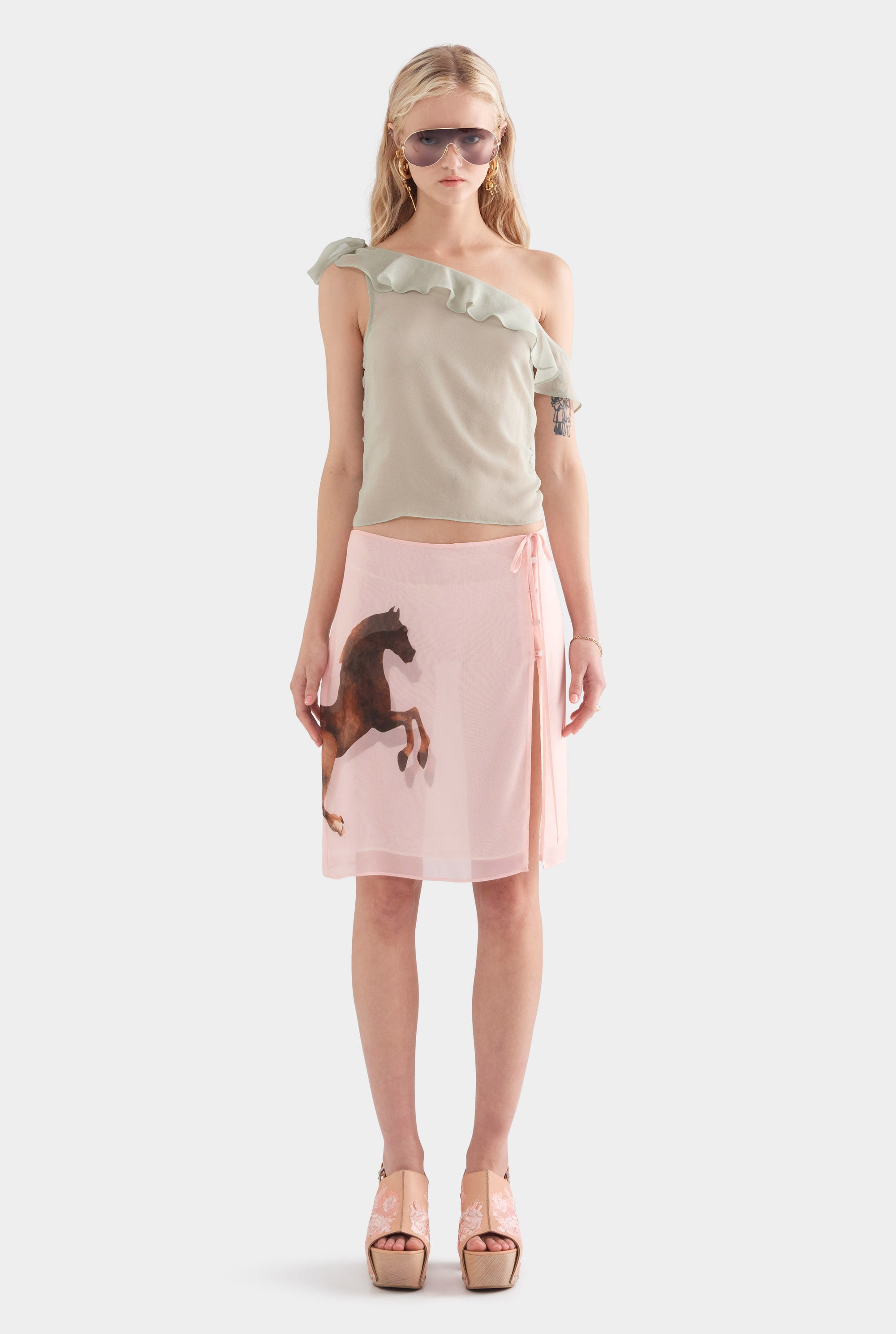 One Shoulder Silk Tie Top - Sage/Horse Stamp