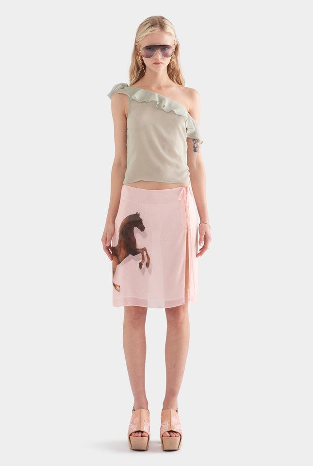 One Shoulder Silk Tie Top - Sage/Horse Stamp
