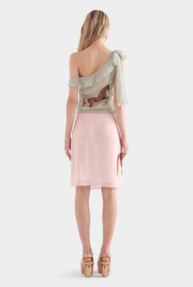 One Shoulder Silk Tie Top - Sage/Horse Stamp