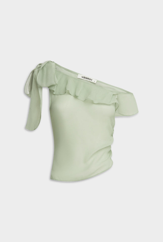 One Shoulder Silk Tie Top - Sage/Horse Stamp