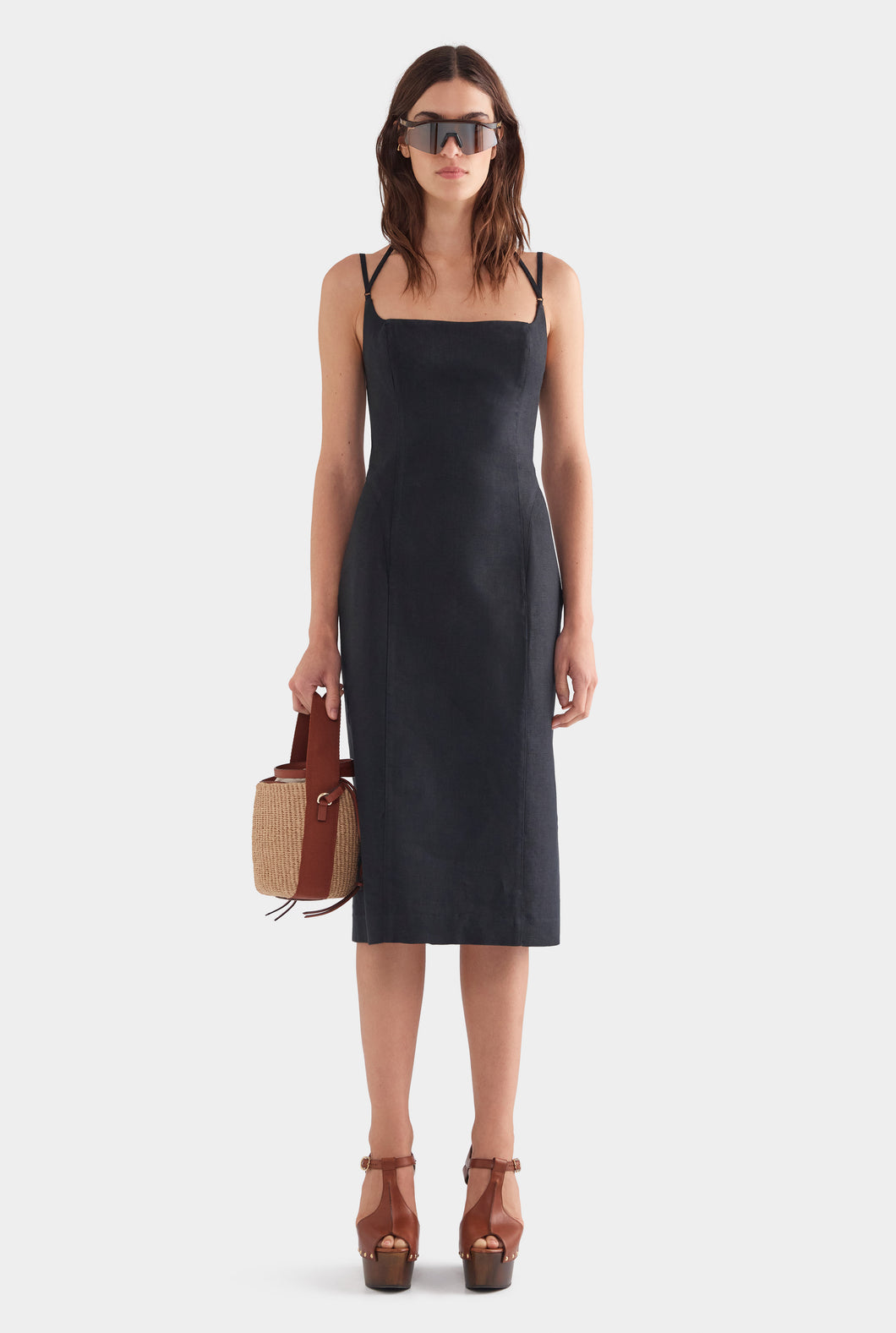 Panelled Linen Midi Dress - Black