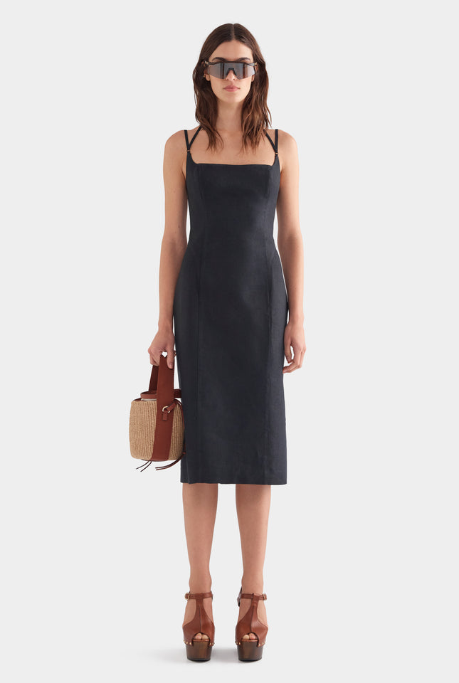 Panelled Linen Midi Dress - Black