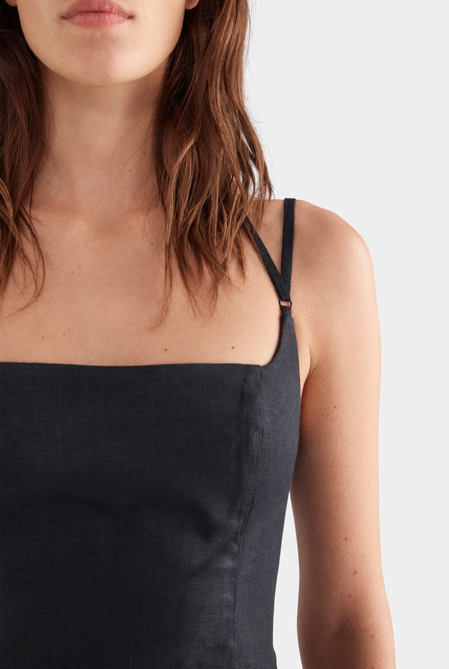 Panelled Linen Midi Dress - Black