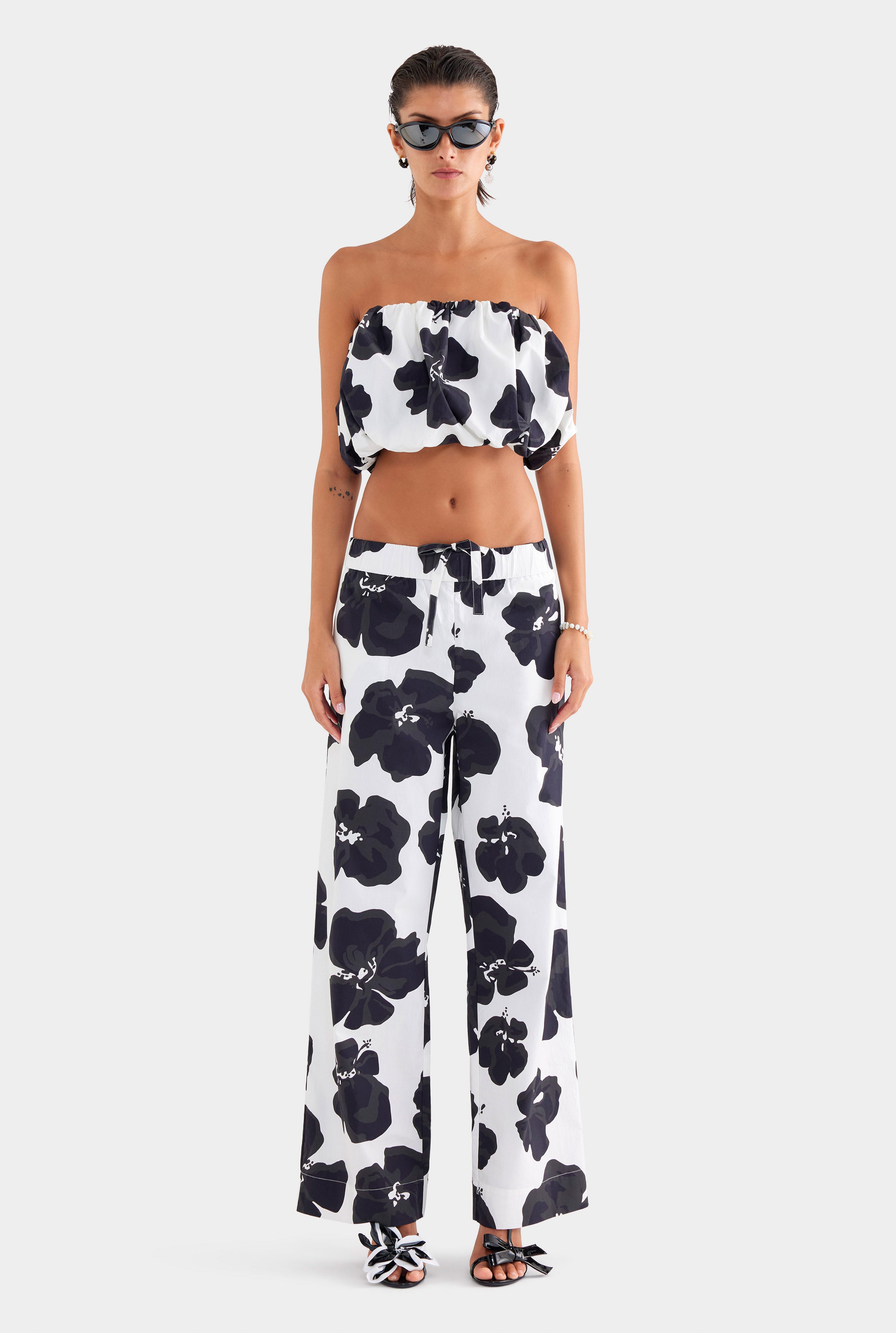 Printed Heavy Cotton Poplin Pant - White/Black Hibiscus