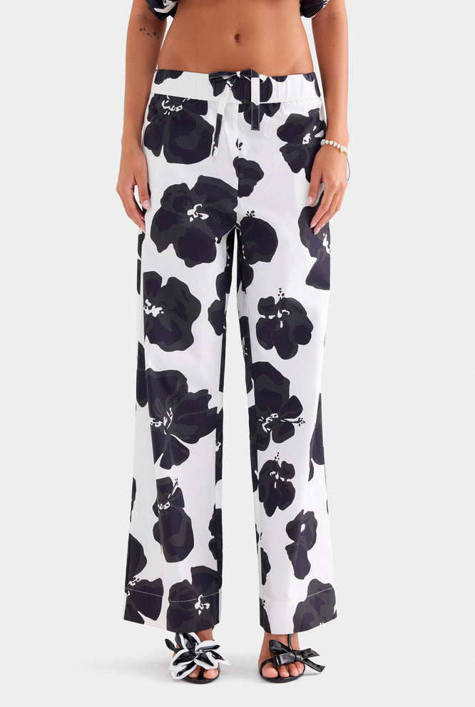 Printed Heavy Cotton Poplin Pant - White/Black Hibiscus