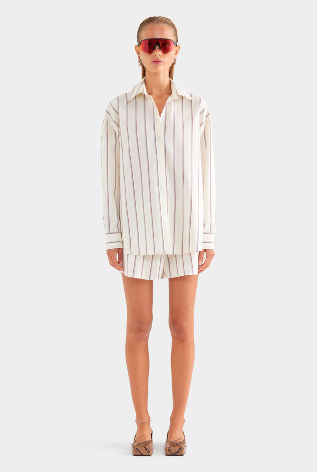 Relaxed Striped Cotton Shirt - Cream/Mahogany Brown/Yellow Stripe