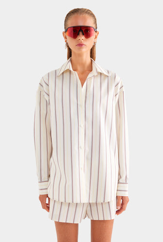 Relaxed Striped Cotton Shirt - Cream/Mahogany Brown/Yellow Stripe