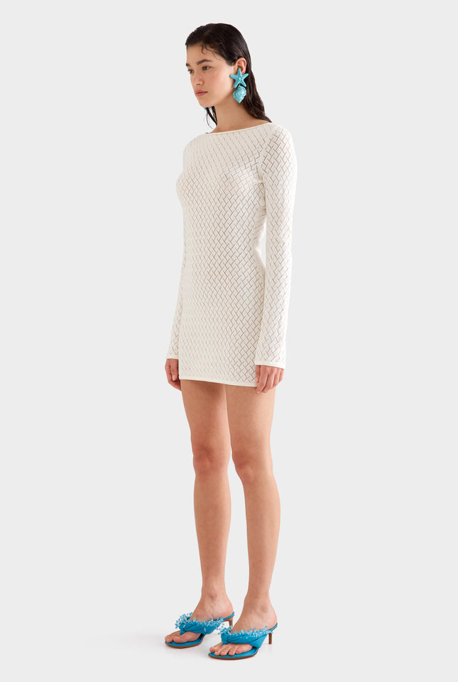 Cotton Boat Neck Mini Dress - Cream