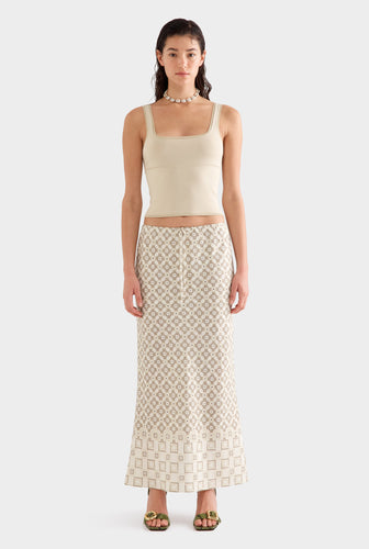 Drawstring Bias Skirt -  Beige Geo