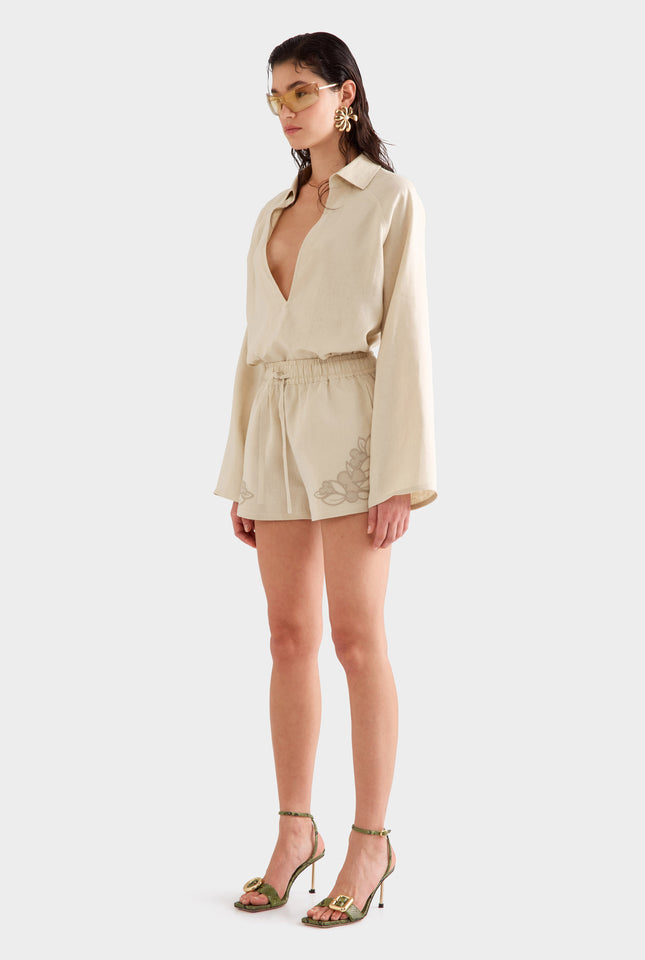 Embroidered Linen Short -  Pistachio Shell