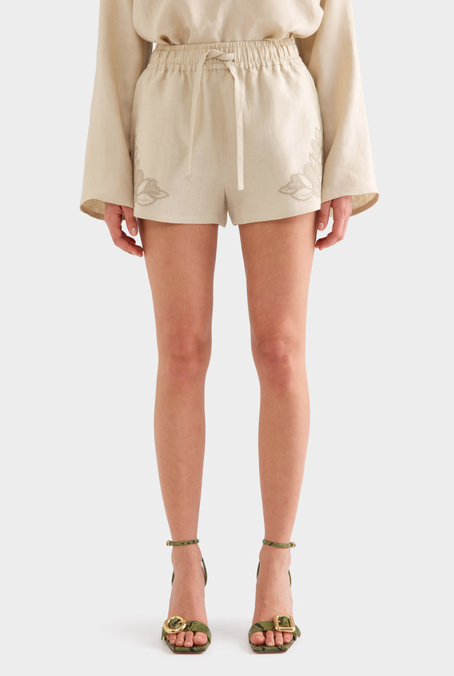 Embroidered Linen Short -  Pistachio Shell