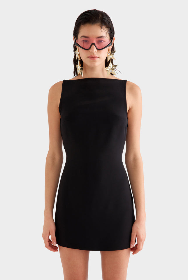 High Neck Cowl Back Dress - Black