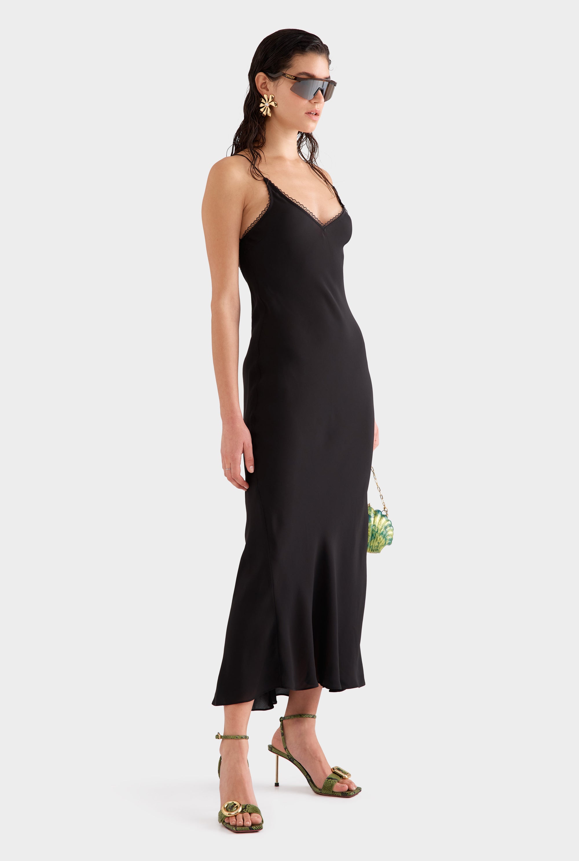 Lace Trim Silk Open Back Dress -  Black