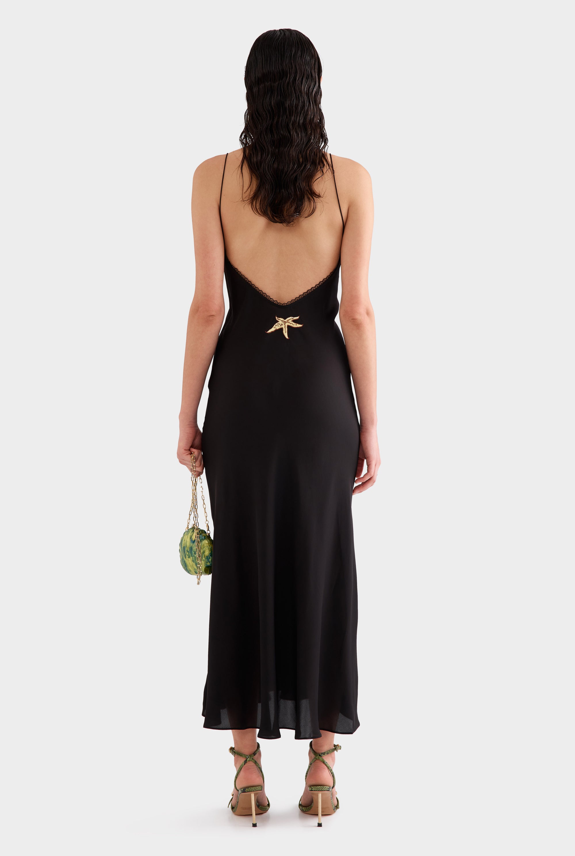 Lace Trim Silk Open Back Dress -  Black