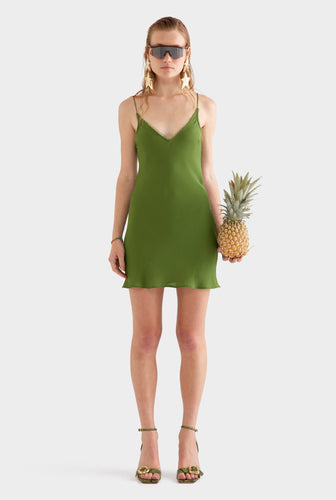 Lace Trim Silk Open Back Mini Dress -  Cactus