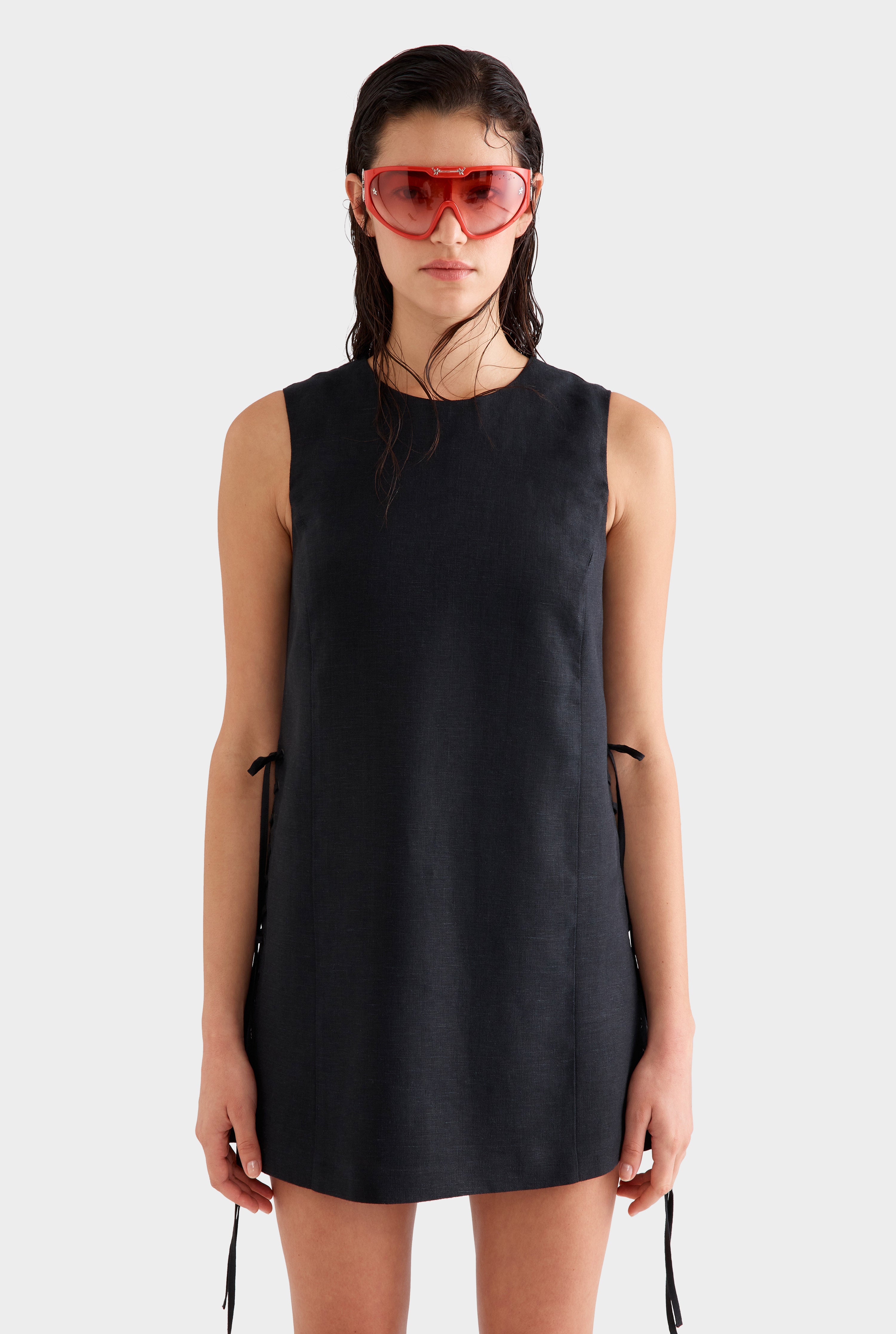 Linen Lace Up Mini Dress -  Black