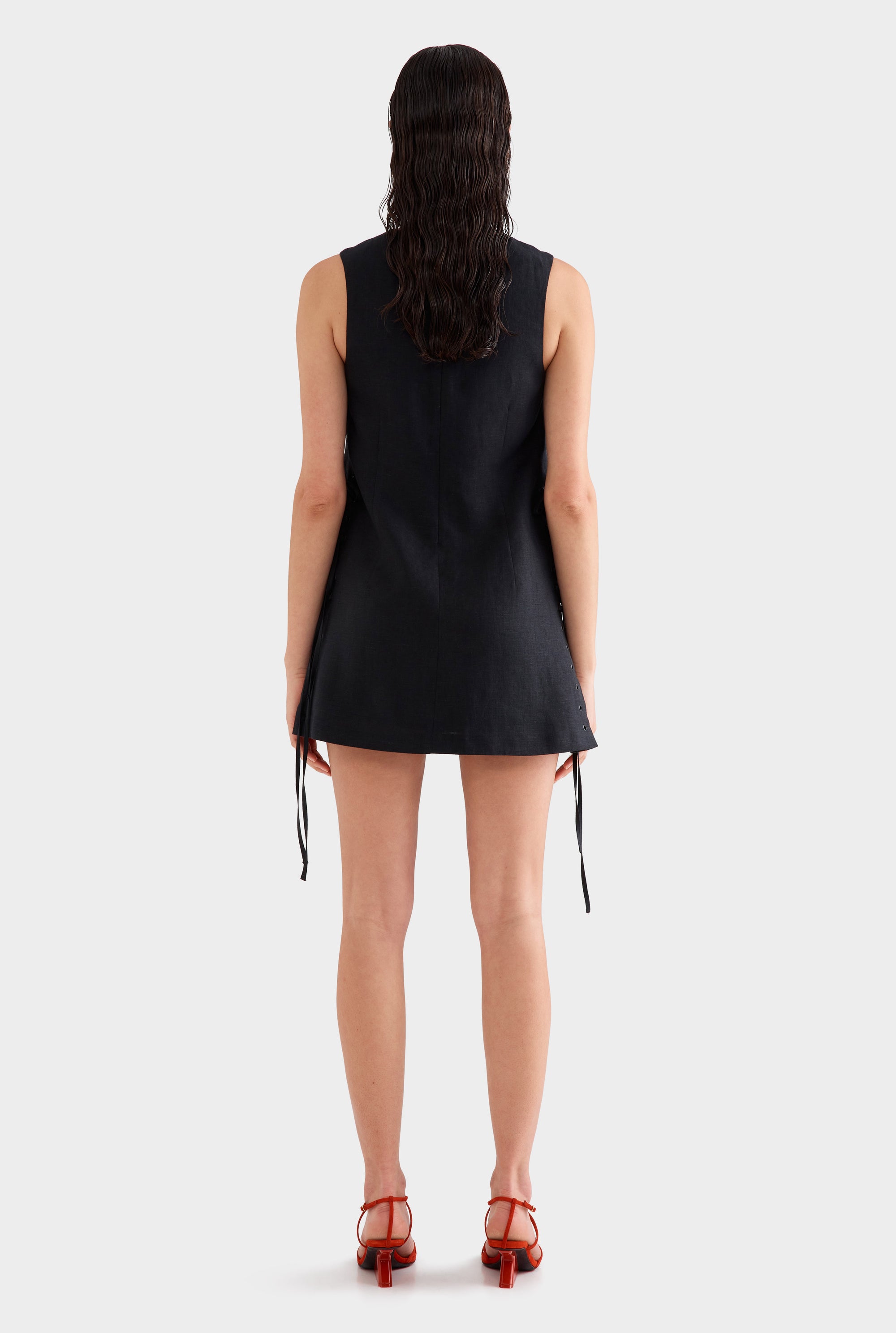 Linen Lace Up Mini Dress -  Black