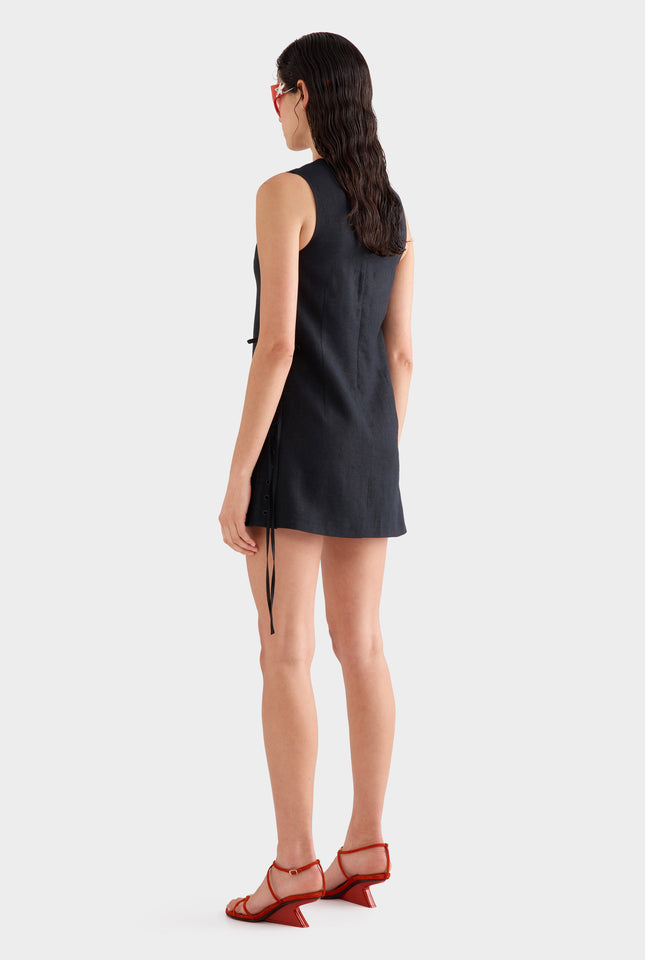 Linen Lace Up Mini Dress -  Black