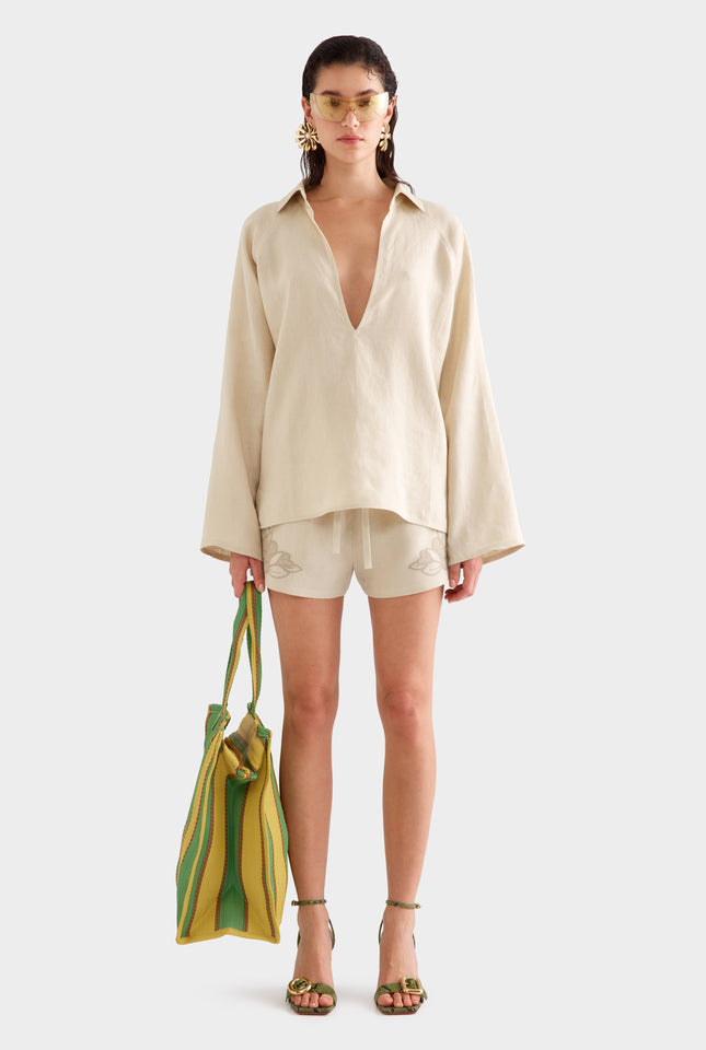 Embroidered Linen Plunge Neck Top -  Pistachio Shell