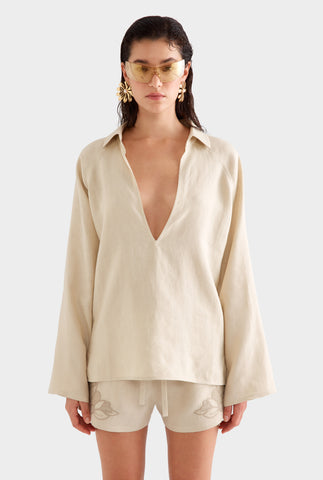 Embroidered Linen Plunge Neck Top -  Pistachio Shell