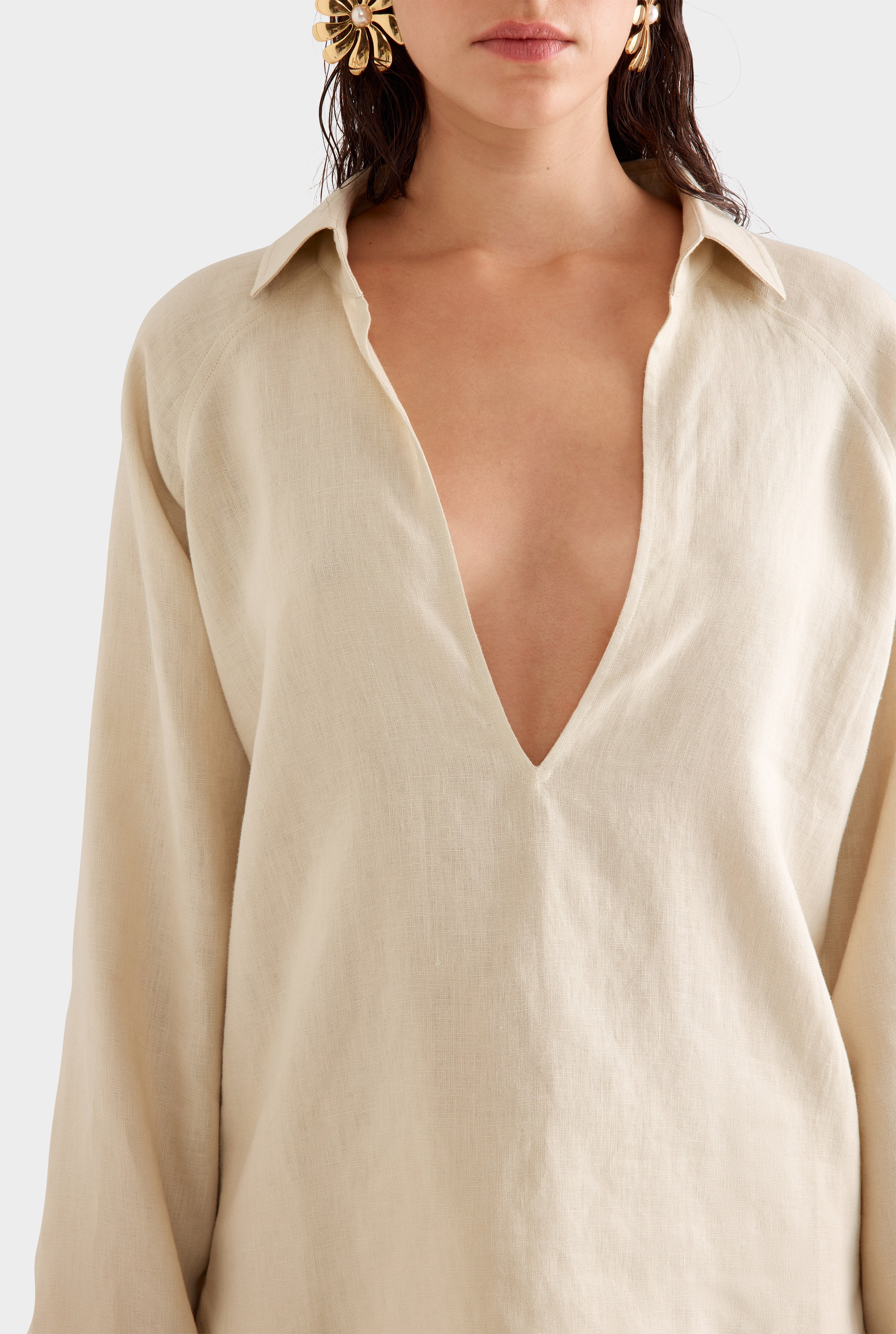 Embroidered Linen Plunge Neck Top -  Pistachio Shell