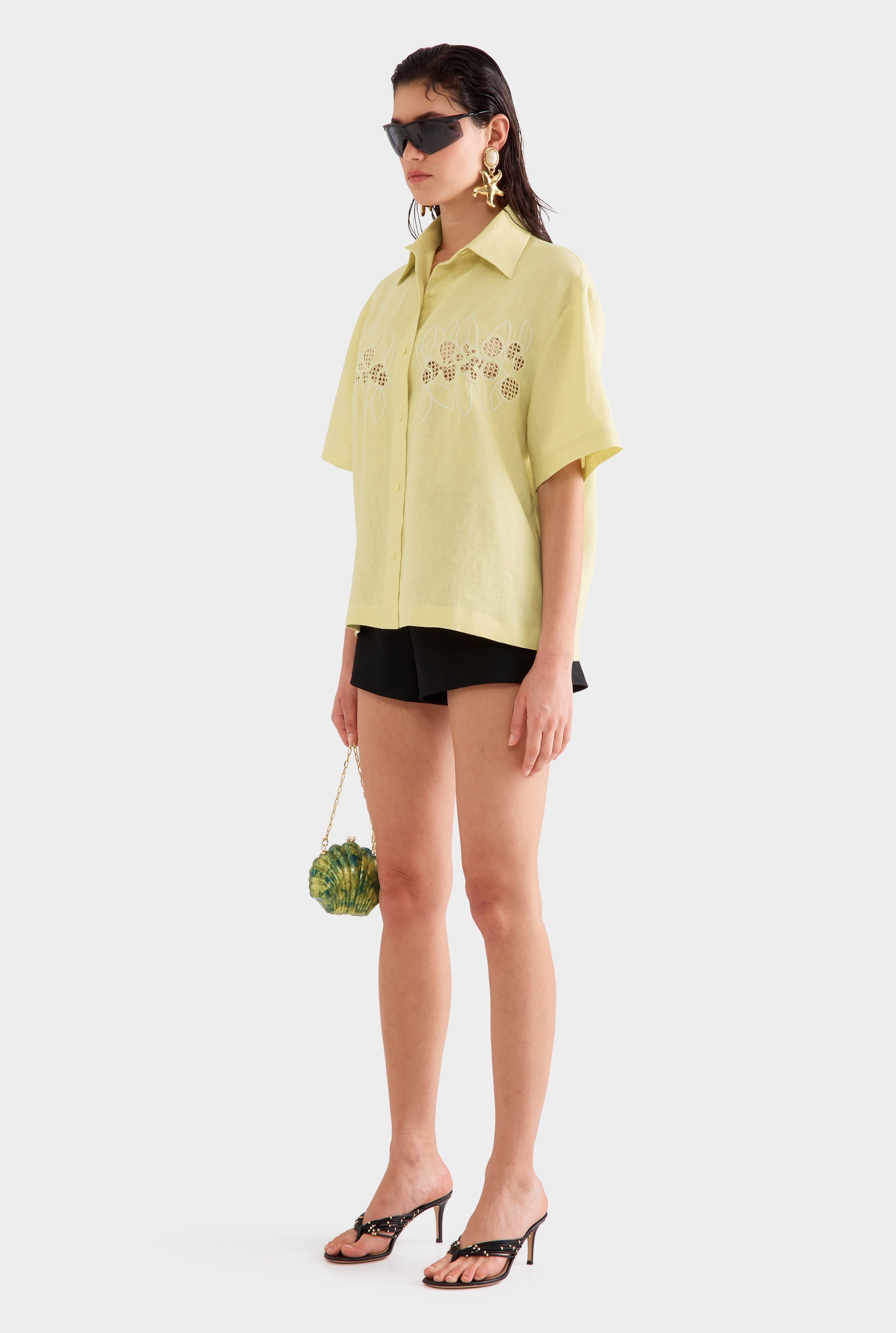 Linen Relaxed Embroidered Short Sleeve Shirt -  Lemongrass