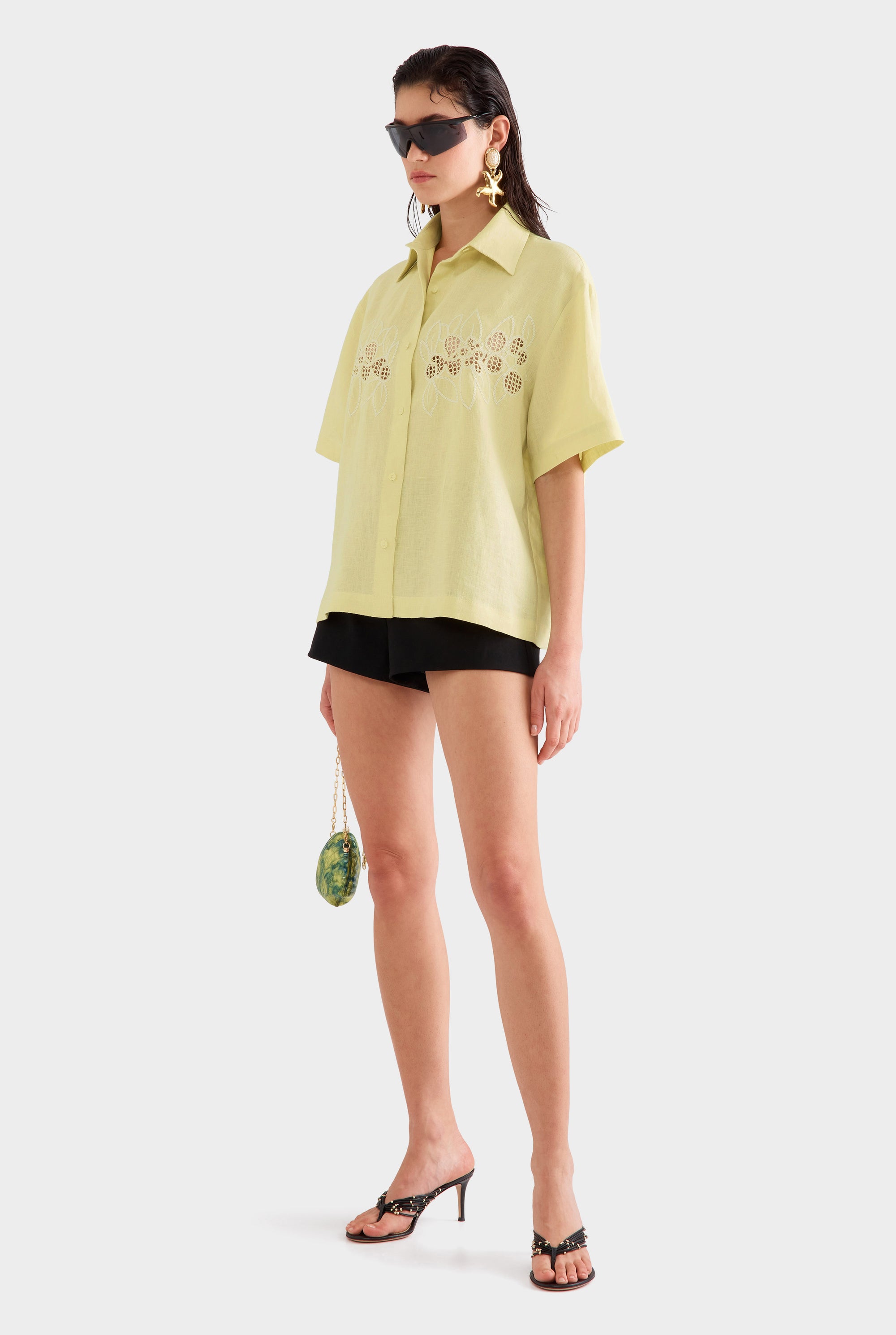 Linen Relaxed Embroidered Short Sleeve Shirt -  Lemongrass