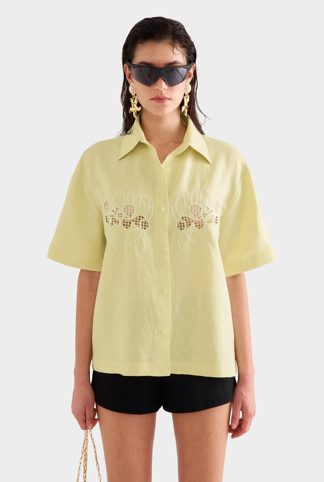 Linen Relaxed Embroidered Short Sleeve Shirt -  Lemongrass