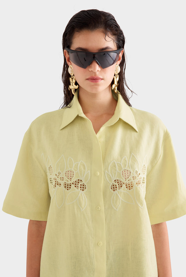 Linen Relaxed Embroidered Short Sleeve Shirt -  Lemongrass