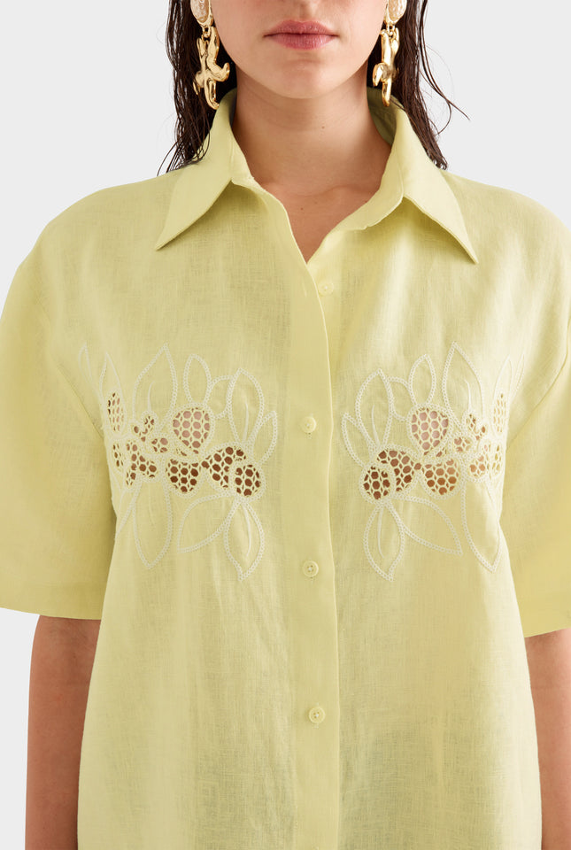 Linen Relaxed Embroidered Short Sleeve Shirt -  Lemongrass