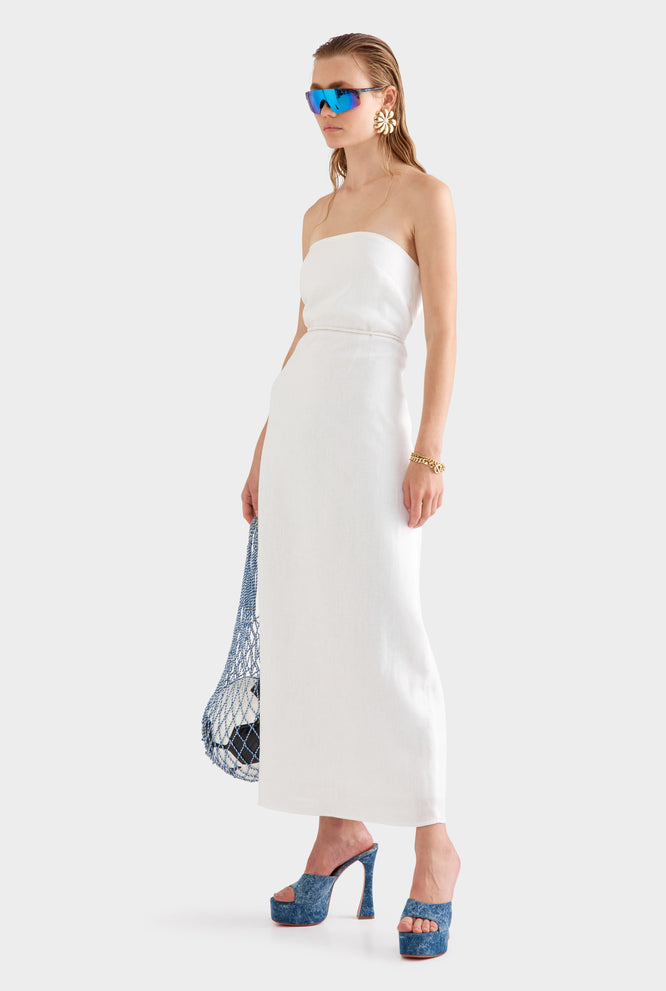 Linen Strapless Maxi Dress -  White