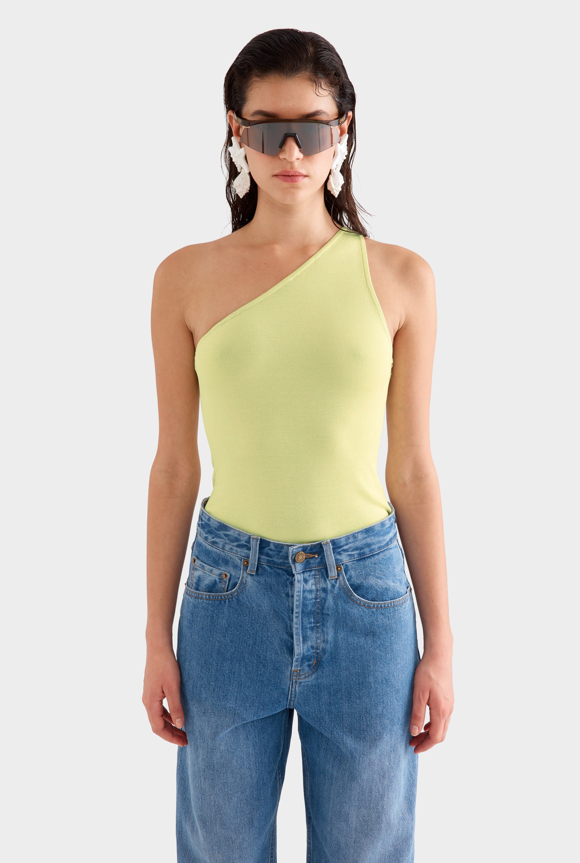 One Shoulder Knit Tank -  Lemongrass