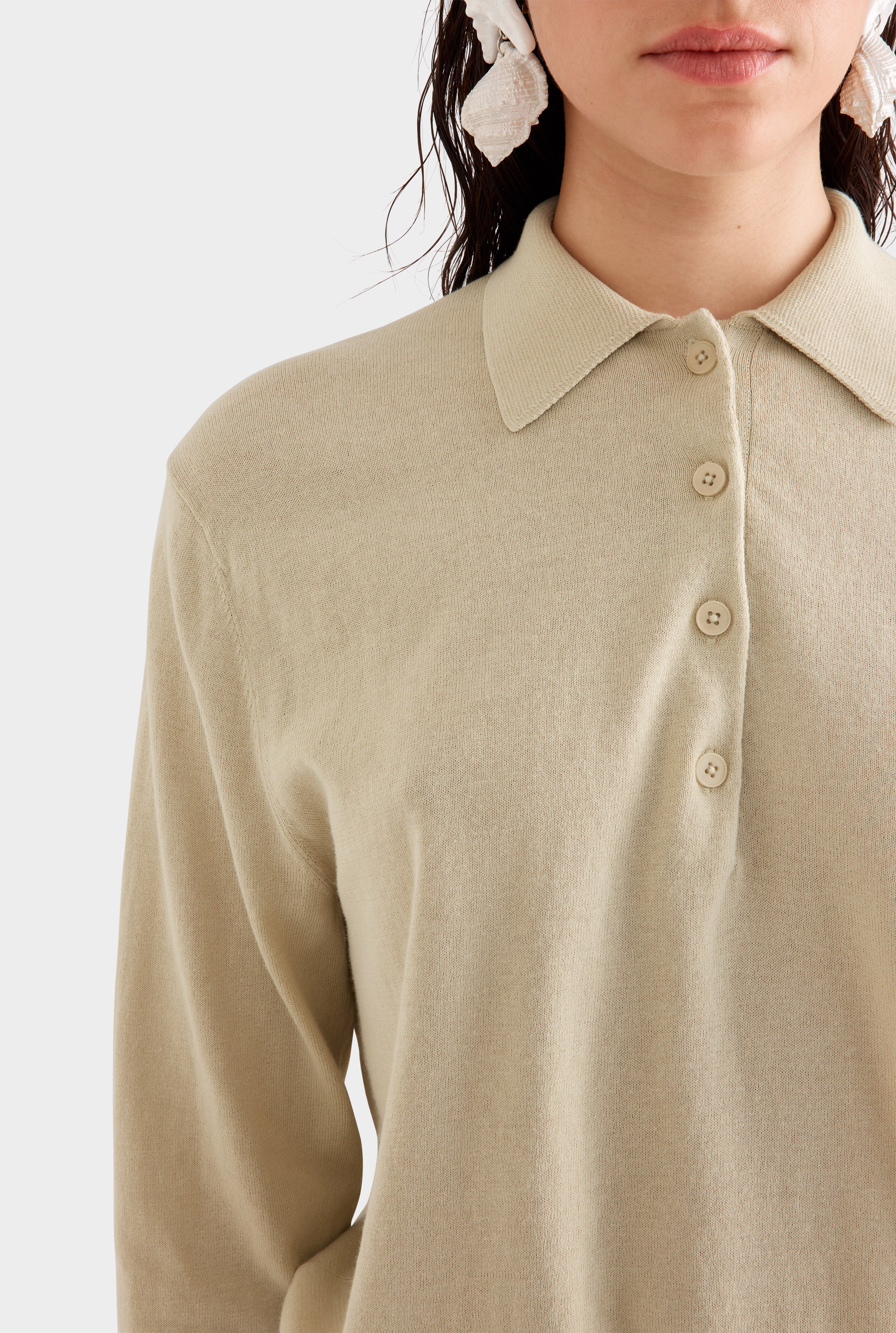 Relaxed Long Sleeve Cotton Knit Polo -  Pale Straw