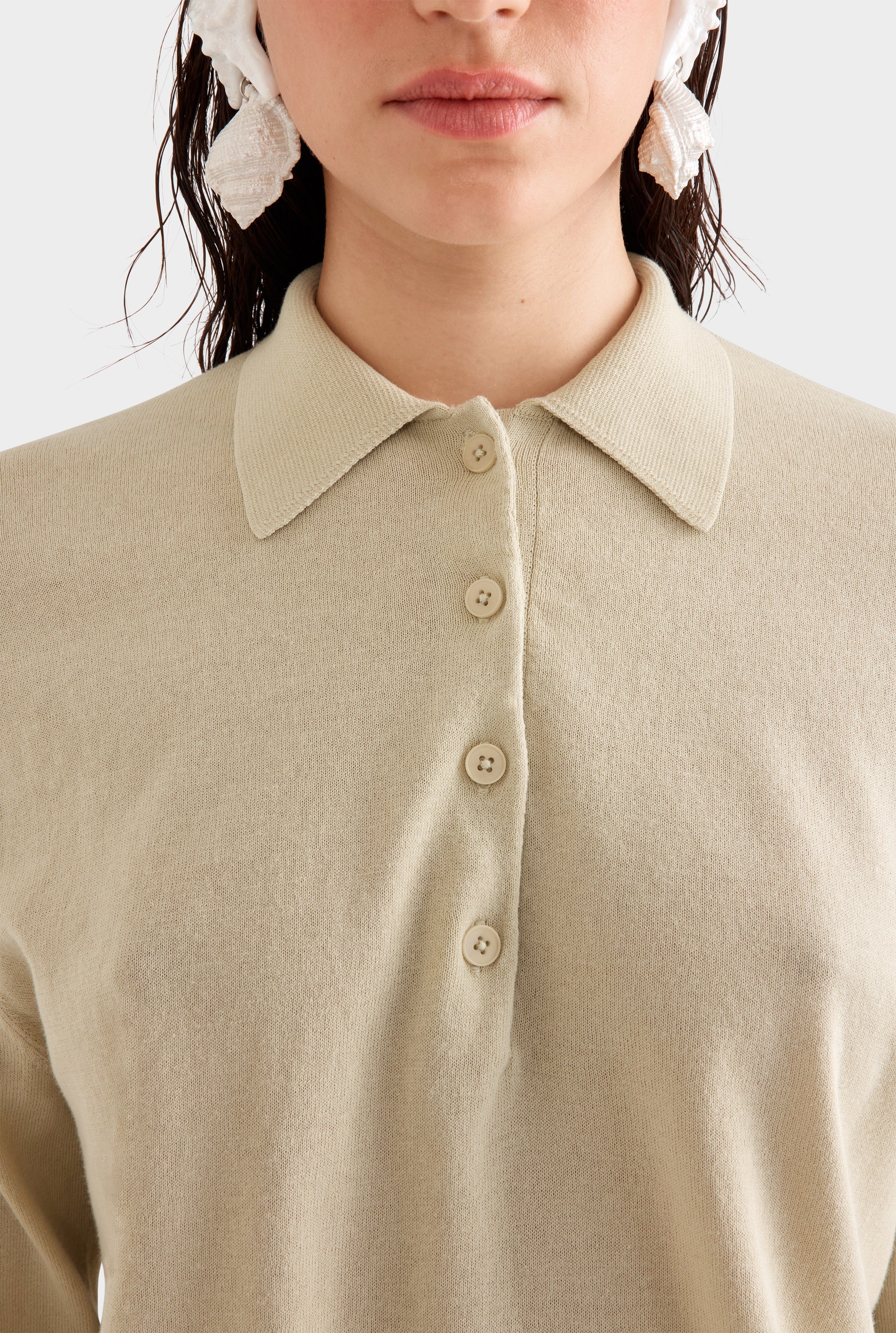 Relaxed Long Sleeve Cotton Knit Polo -  Pale Straw