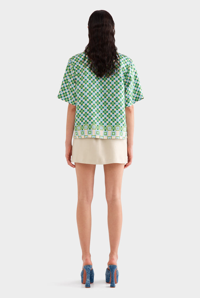 Relaxed Silk Camp Collar Shirt -  Blue/Green Geo