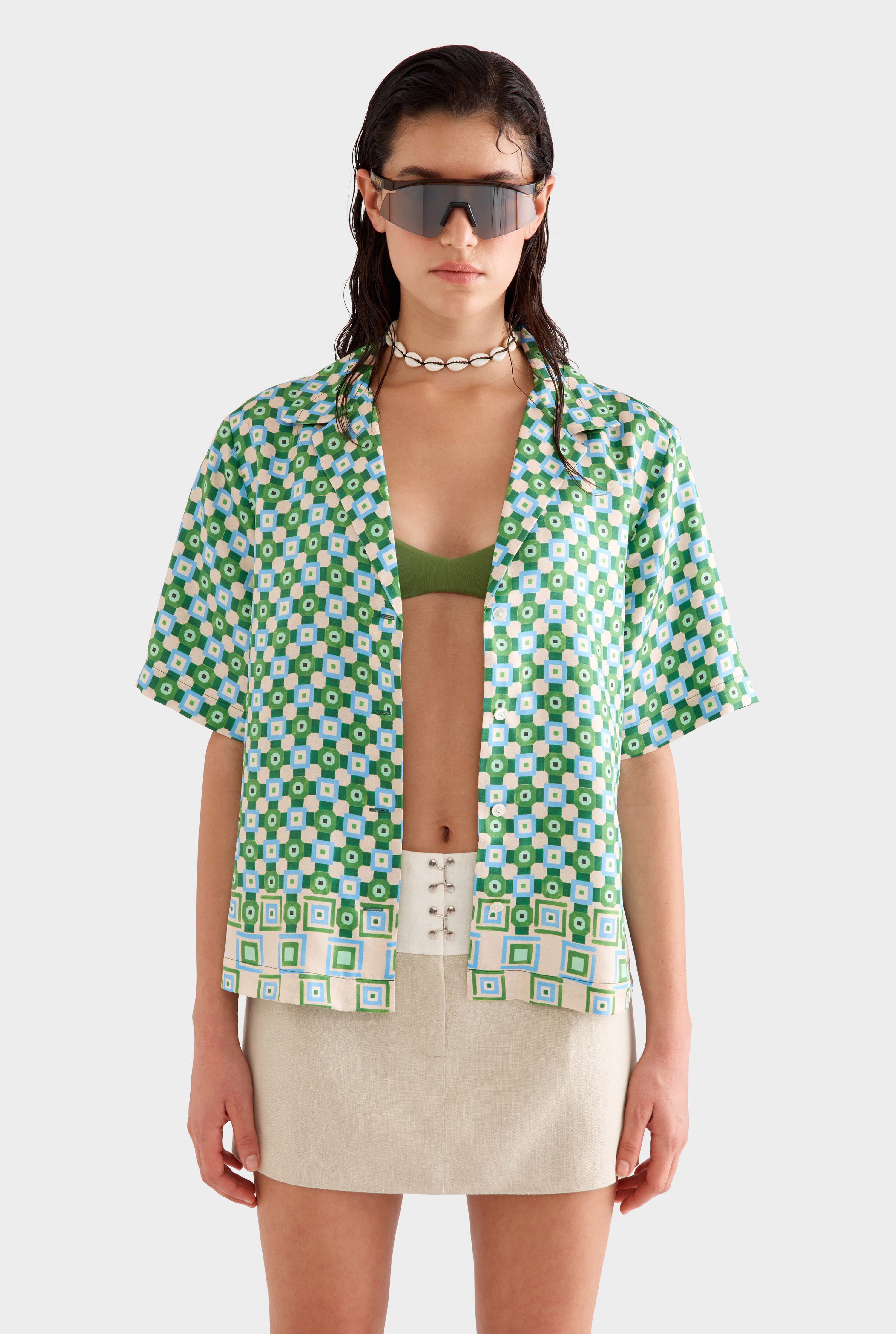 Relaxed Silk Camp Collar Shirt -  Blue/Green Geo