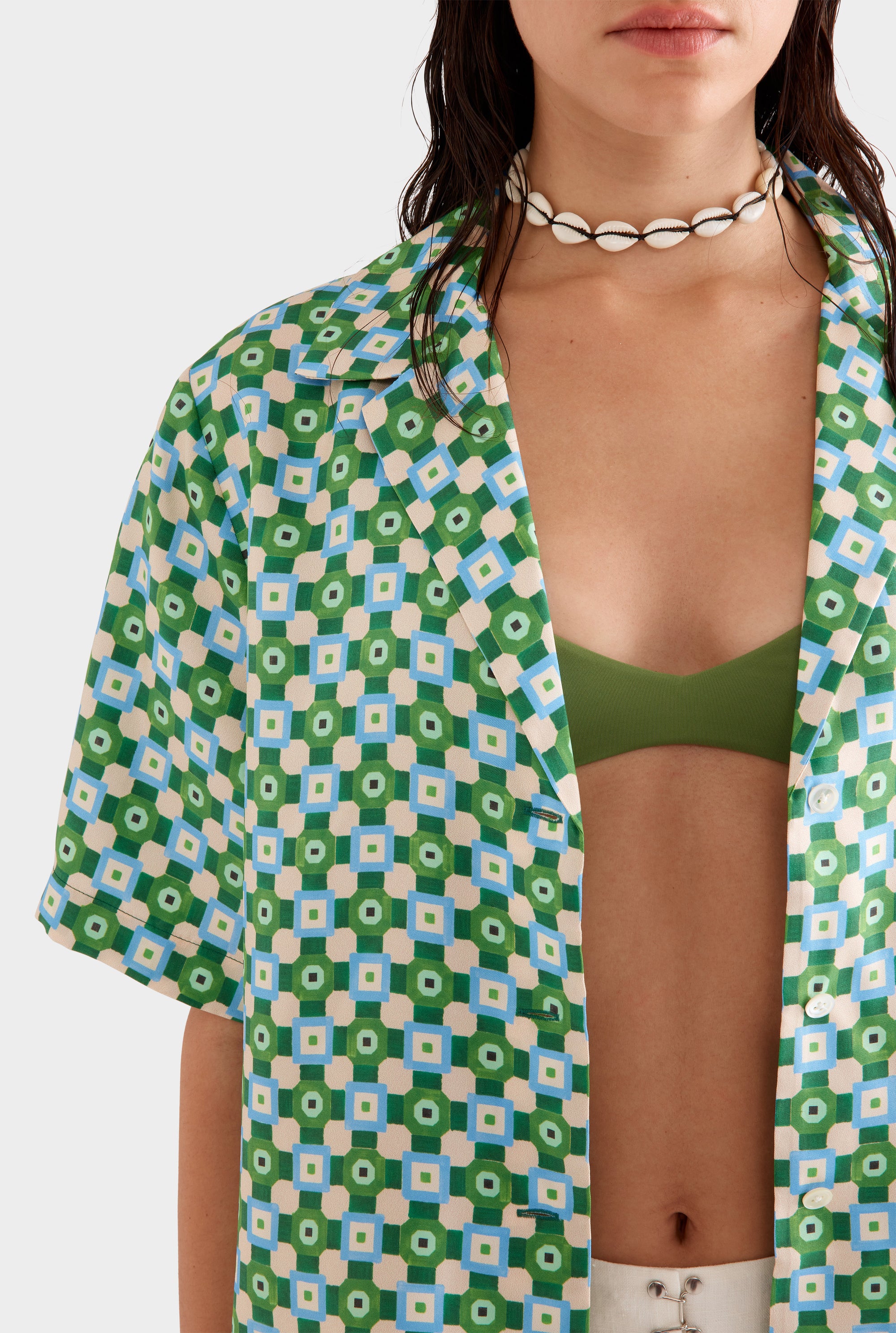 Relaxed Silk Camp Collar Shirt -  Blue/Green Geo