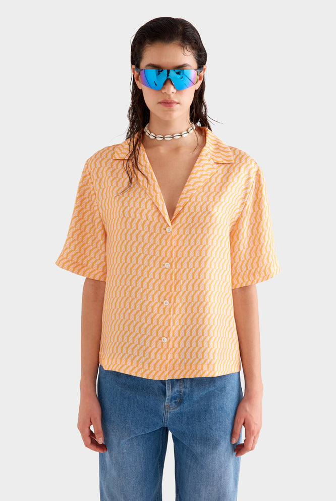 Relaxed Silk Camp Collar Shirt - Blue/Green Geo