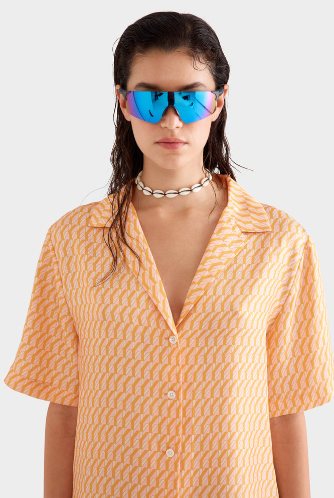 Relaxed Silk Camp Collar Shirt - Bright Orange/Pink V Monogram