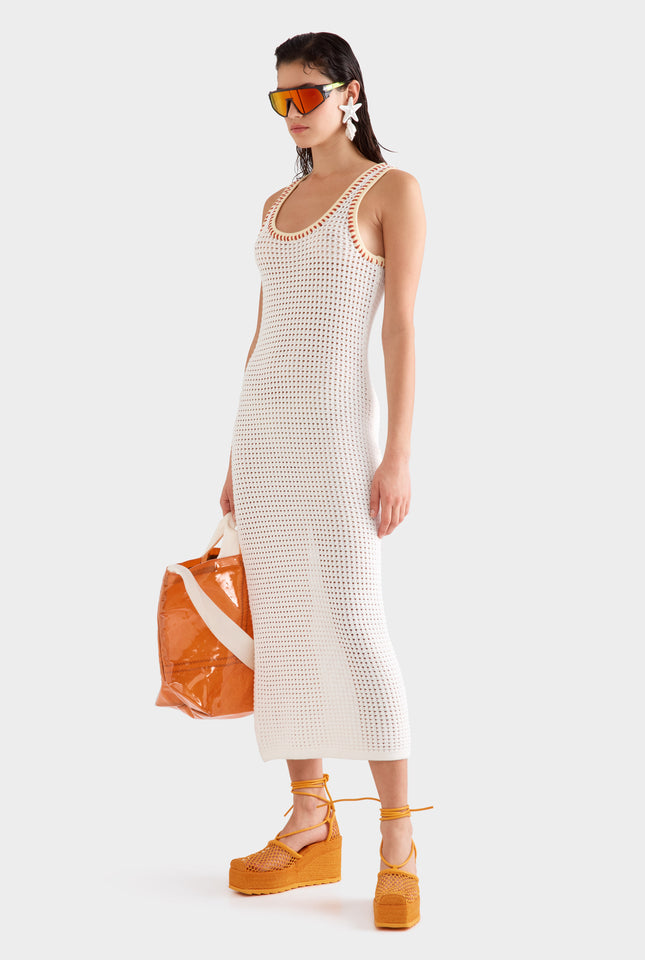 Scoop Neck Crochet Dress -  Off White/Yellow/Red