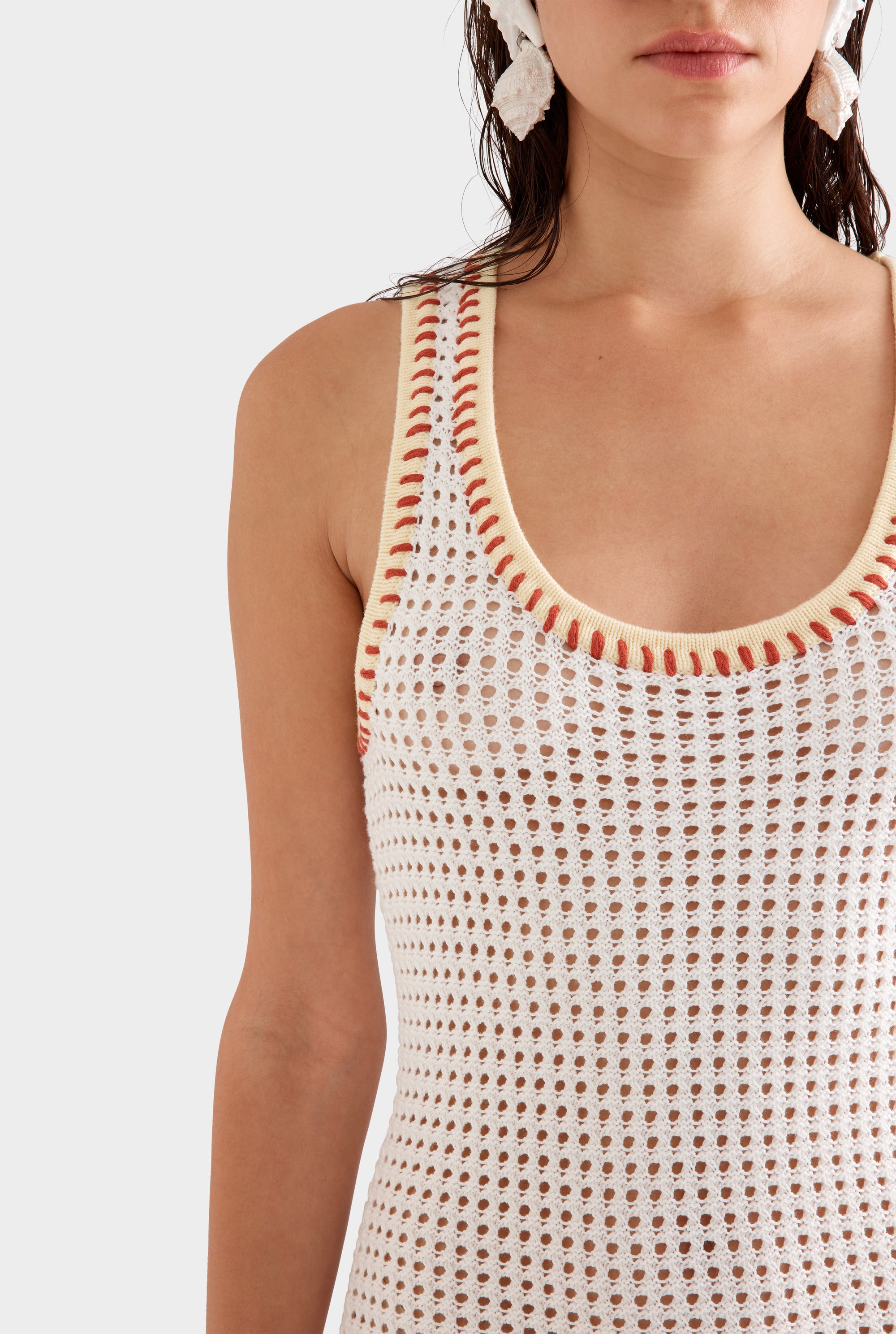 Scoop Neck Crochet Dress -  Off White/Yellow/Red