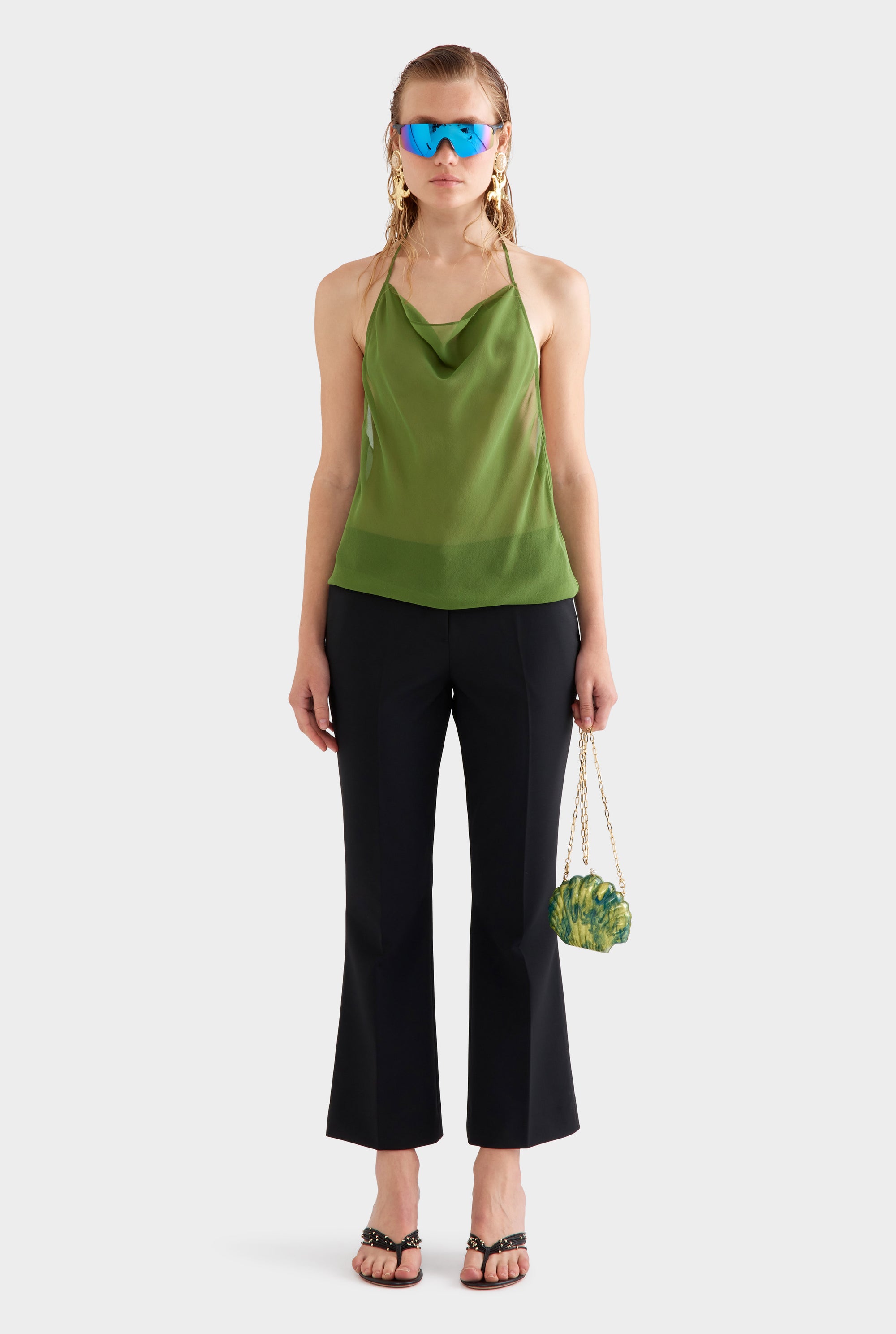 Sheer Silk Cowl Neck Halter Top -  Cactus