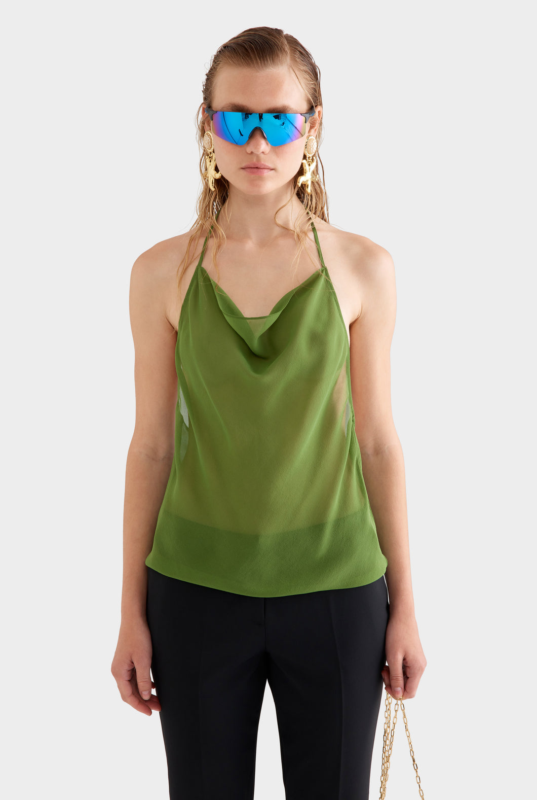 Sheer Silk Cowl Neck Halter Top -  Cactus