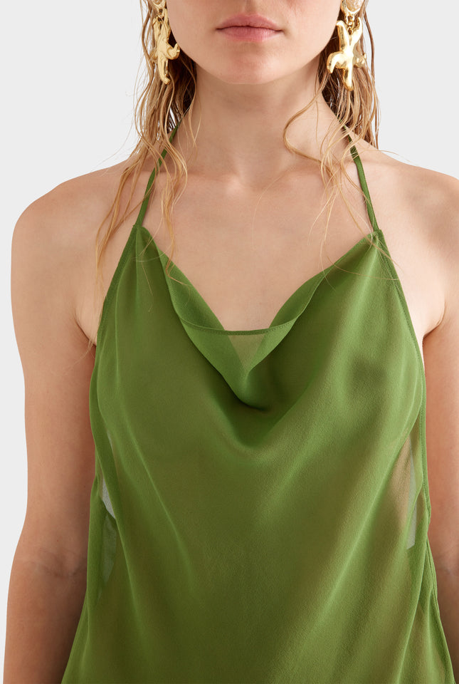 Sheer Silk Cowl Neck Halter Top -  Cactus