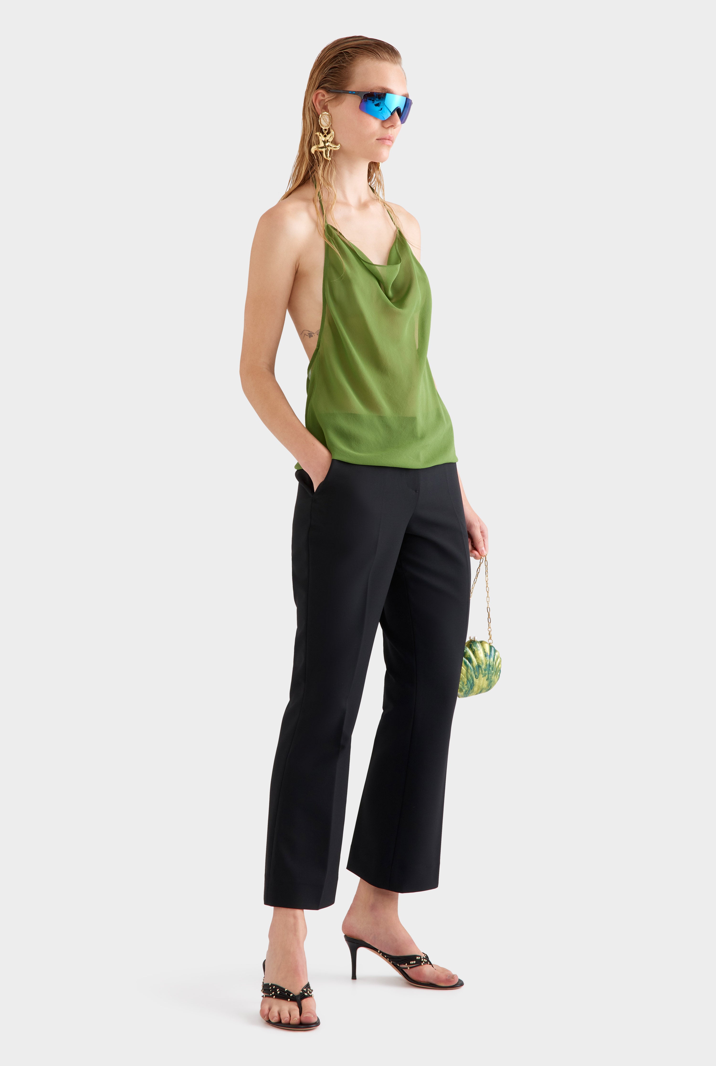 Sheer Silk Cowl Neck Halter Top -  Cactus