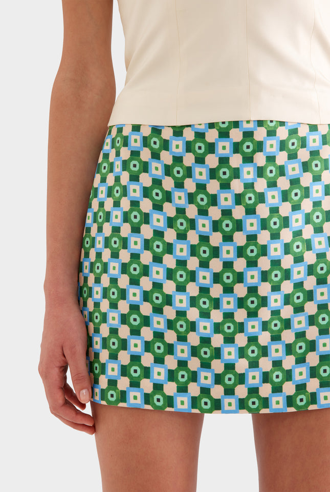 Silk Mini Skirt -  Blue/Green Geo