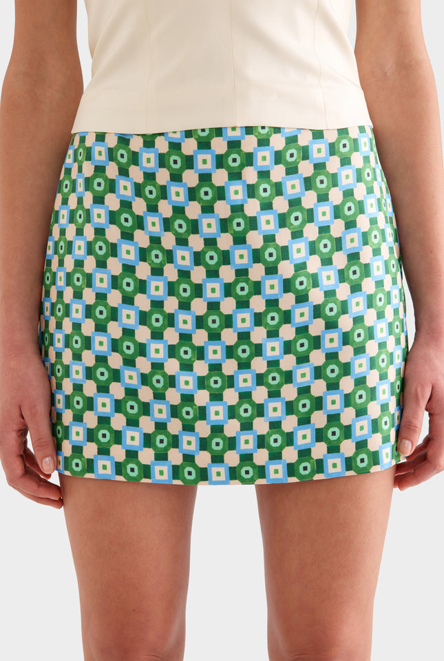 Silk Mini Skirt -  Blue/Green Geo