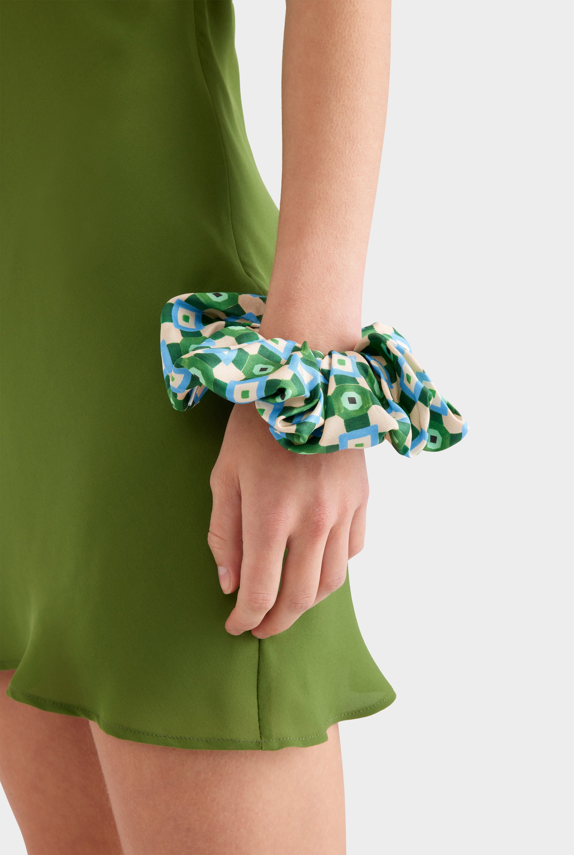 Silk Scrunchie -  Blue/Green Geo