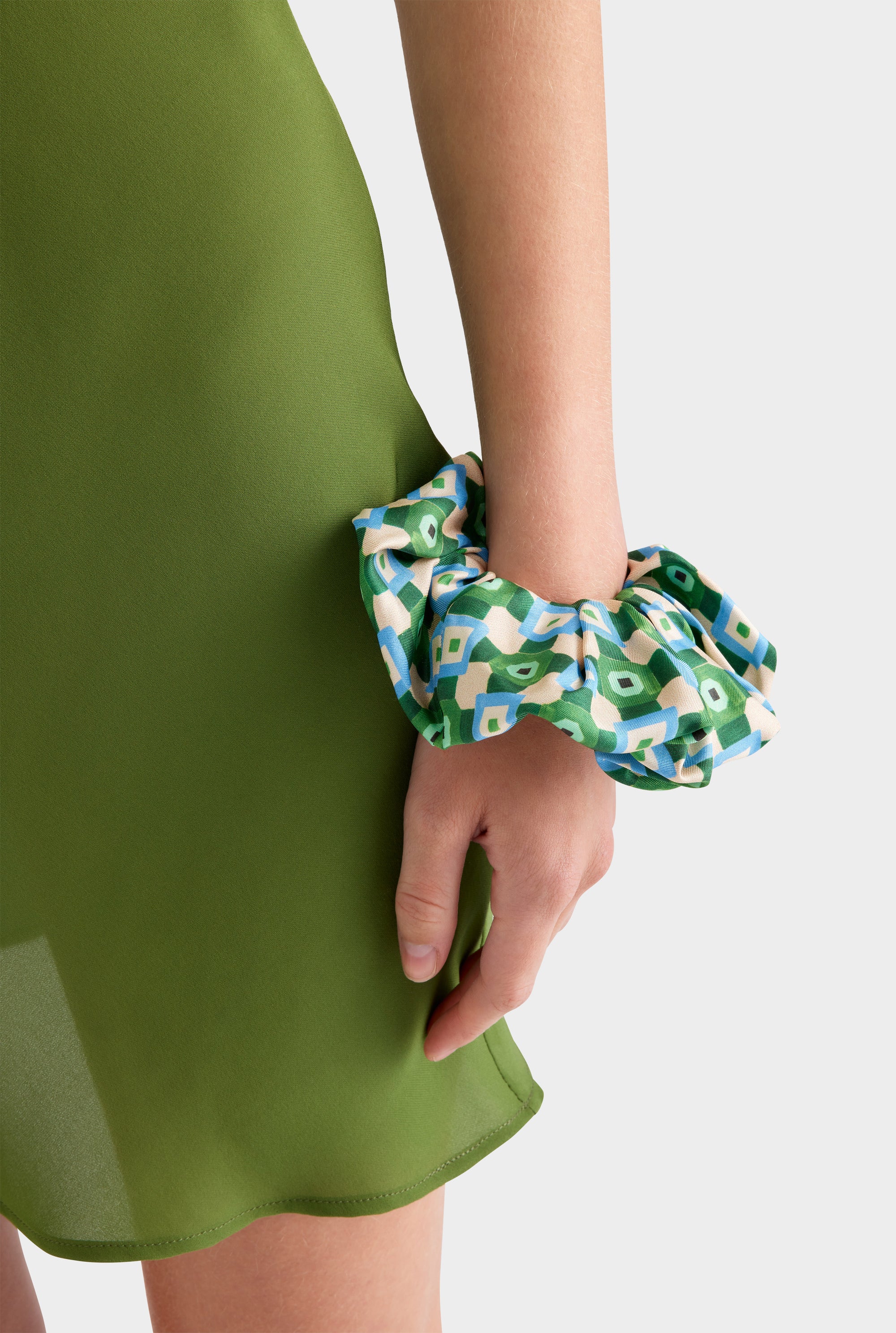 Silk Scrunchie -  Blue/Green Geo